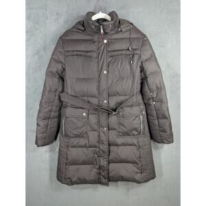 Tommy Hilfiger Jacket Women's Large Brown Down Puffer Belted Hooded